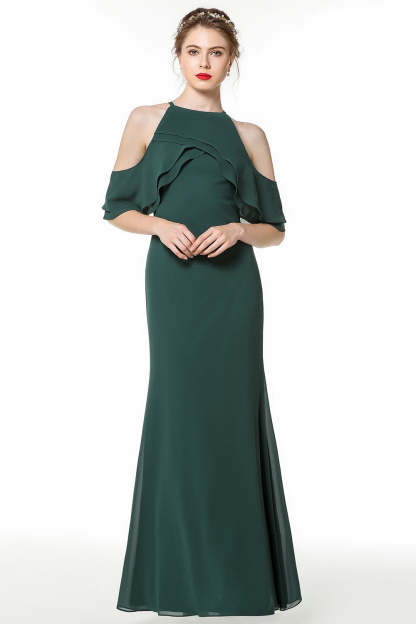 Affordable Cold-shoulder Ruffle Dark Green Bridesmaid Dresses Online-Babyonlines
