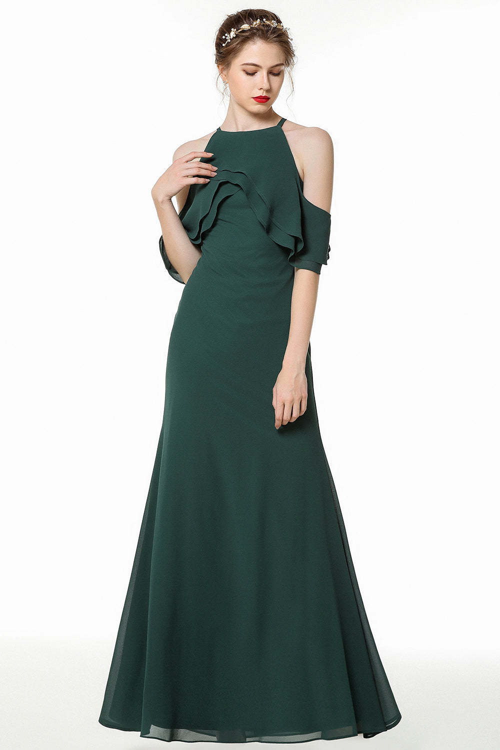 Affordable Cold-shoulder Ruffle Dark Green Bridesmaid Dresses Online-Babyonlines