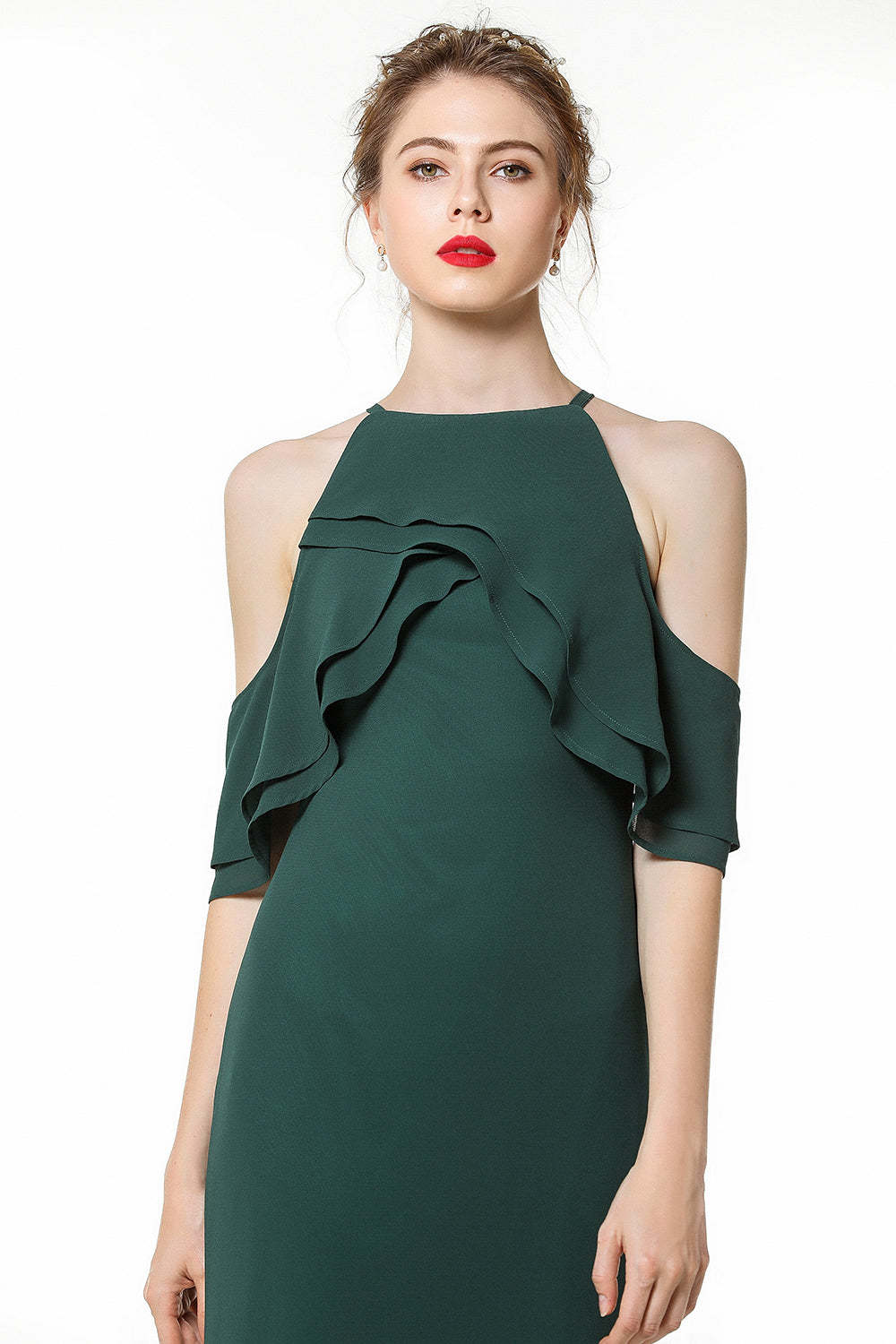 Affordable Cold-shoulder Ruffle Dark Green Bridesmaid Dresses Online-Babyonlines
