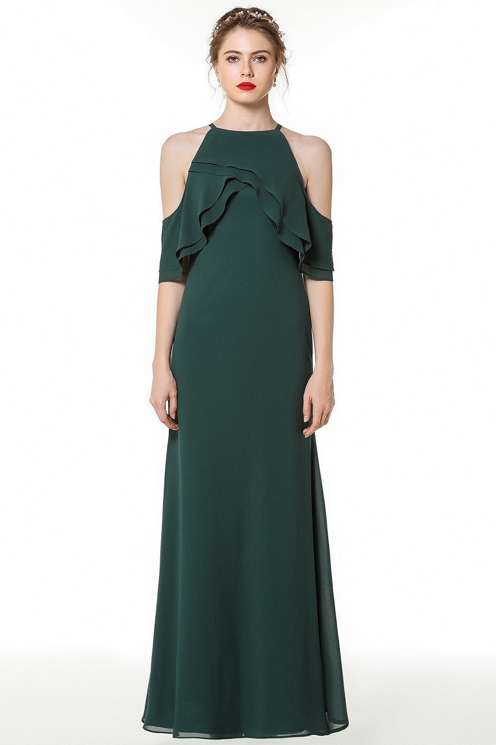 Affordable Cold-shoulder Ruffle Dark Green Bridesmaid Dresses Online-Babyonlines
