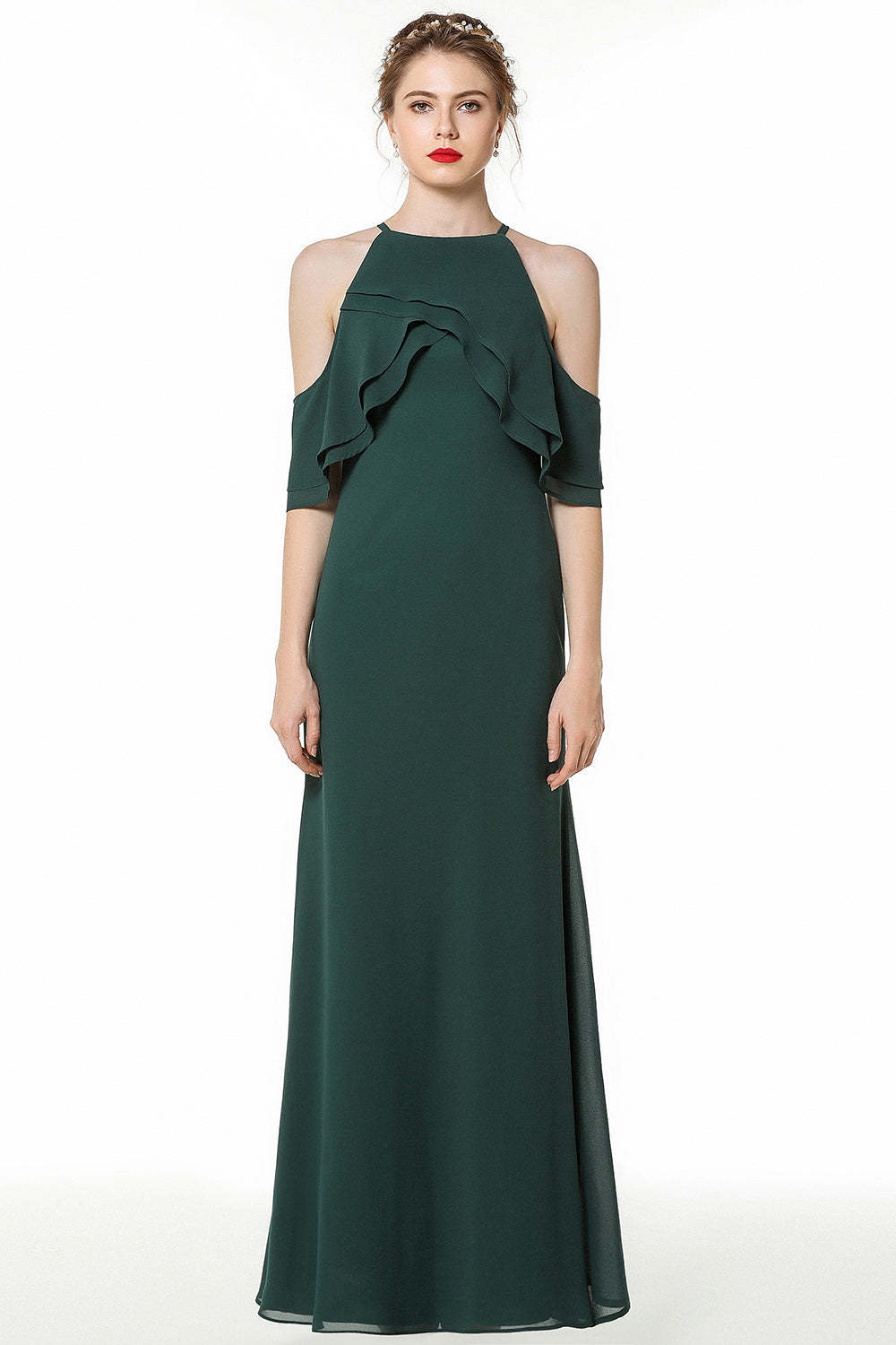 Affordable Cold-shoulder Ruffle Dark Green Bridesmaid Dresses Online-Babyonlines