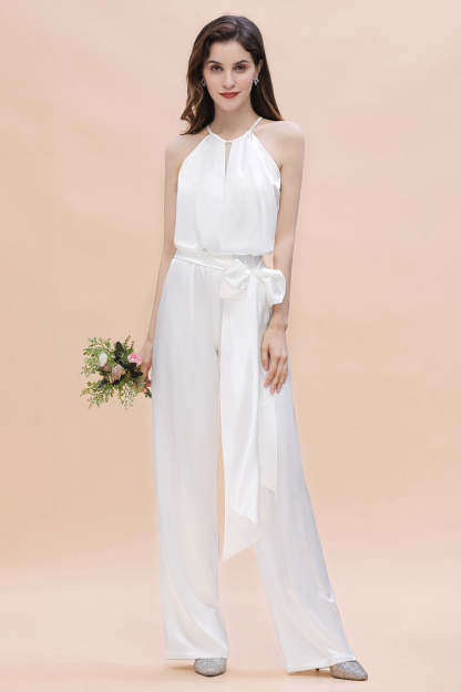 Affordable Halter Sleeveless Ivory Charmeuse Bridesmaid Jumpsuit Online-Babyonlines