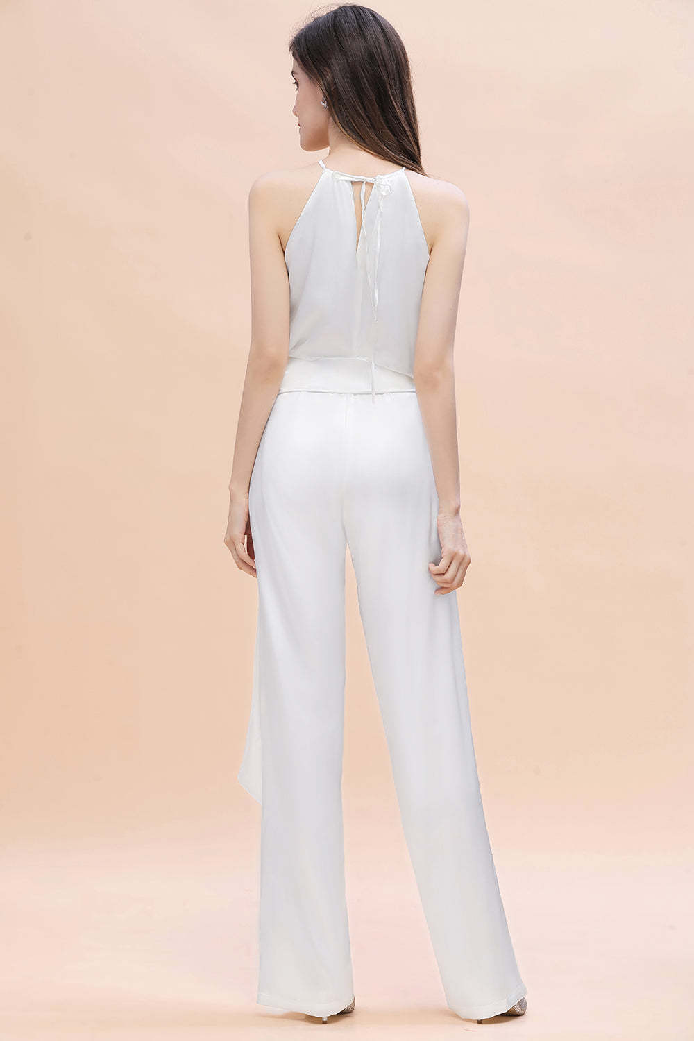Affordable Halter Sleeveless Ivory Charmeuse Bridesmaid Jumpsuit Online-Babyonlines