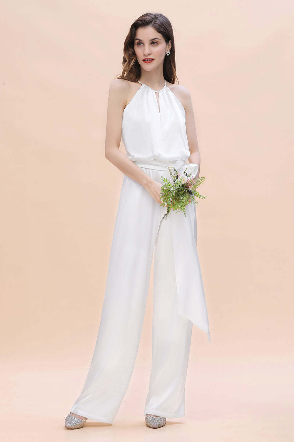 Affordable Halter Sleeveless Ivory Charmeuse Bridesmaid Jumpsuit Online-Babyonlines