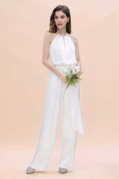 Affordable Halter Sleeveless Ivory Charmeuse Bridesmaid Jumpsuit Online-Babyonlines