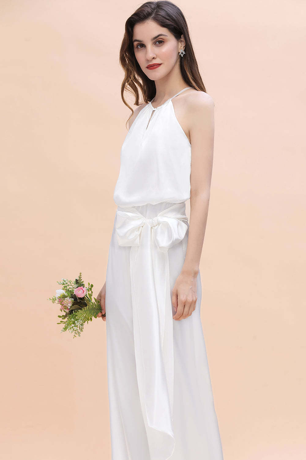 Affordable Halter Sleeveless Ivory Charmeuse Bridesmaid Jumpsuit Online-Babyonlines