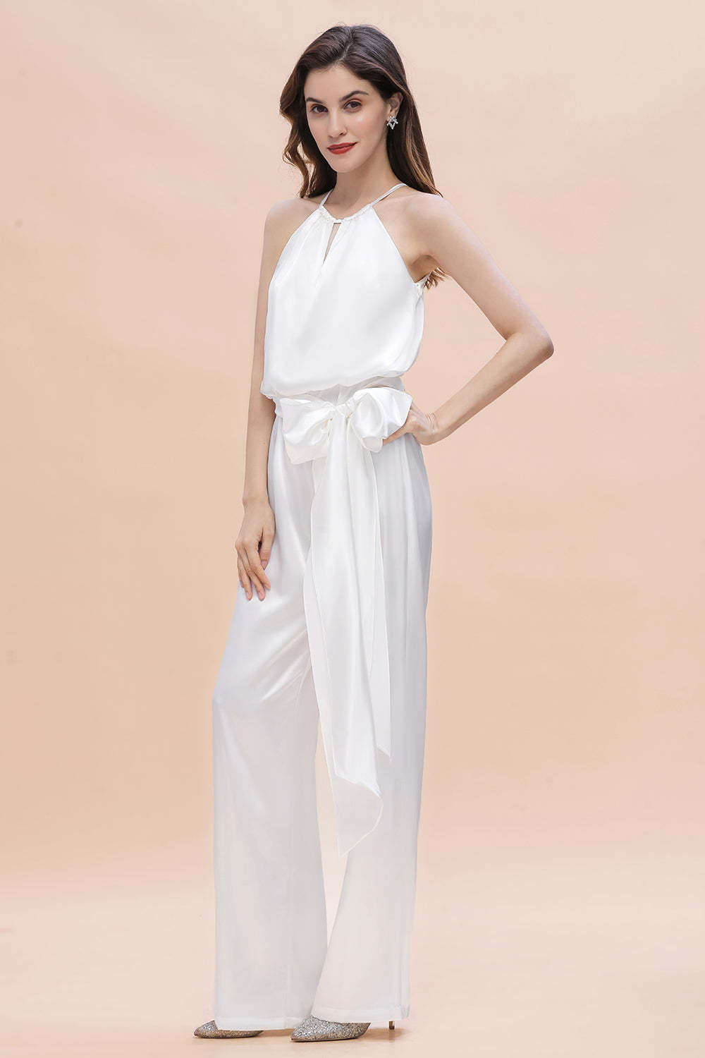 Affordable Halter Sleeveless Ivory Charmeuse Bridesmaid Jumpsuit Online-Babyonlines
