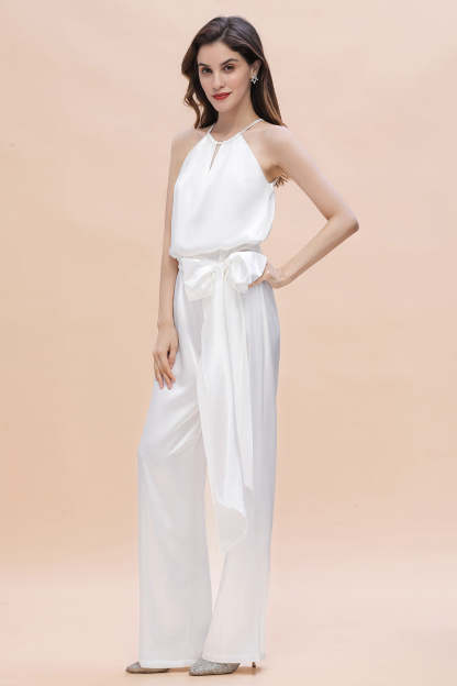 Affordable Halter Sleeveless Ivory Charmeuse Bridesmaid Jumpsuit Online-Babyonlines