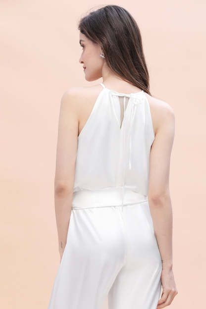 Affordable Halter Sleeveless Ivory Charmeuse Bridesmaid Jumpsuit Online-Babyonlines