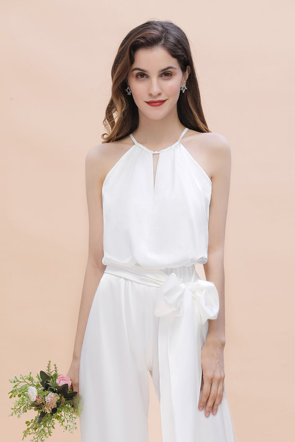 Affordable Halter Sleeveless Ivory Charmeuse Bridesmaid Jumpsuit Online-Babyonlines