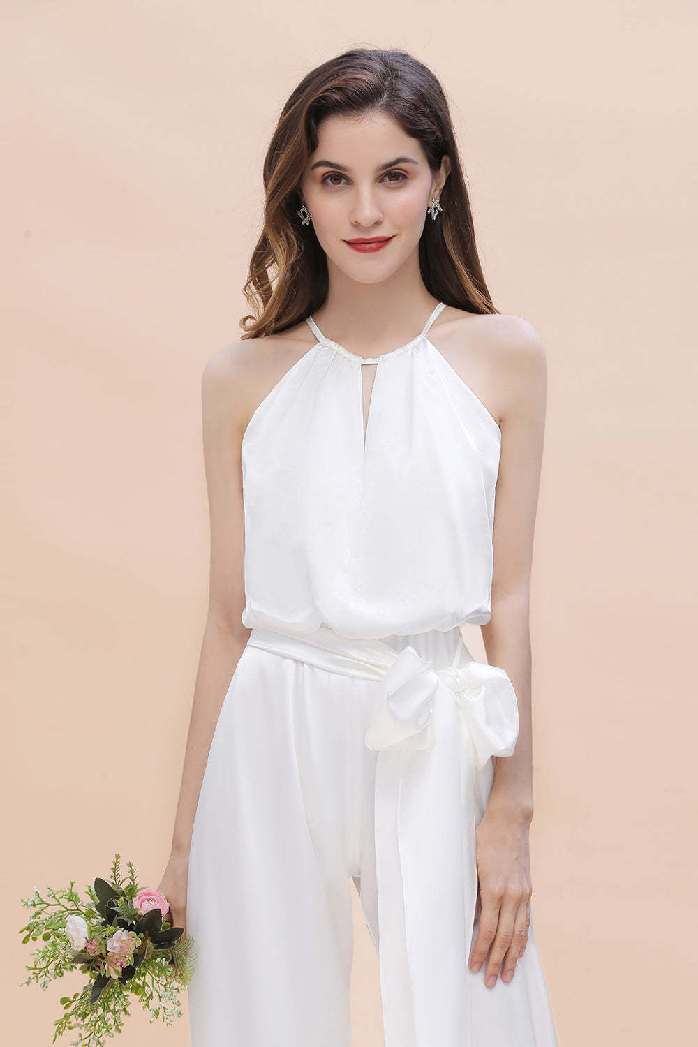 Affordable Halter Sleeveless Ivory Charmeuse Bridesmaid Jumpsuit Online-Babyonlines