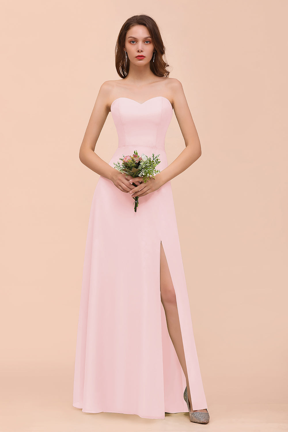 Affordable Strapless Front Slit Long Dusty Sage Bridesmaid Dress-Babyonlines