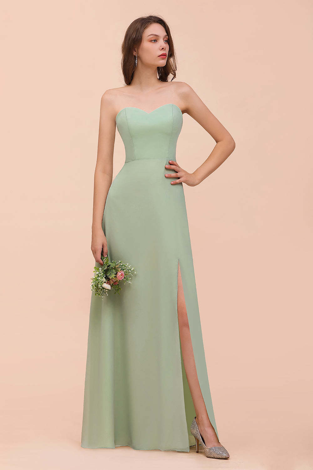 Affordable Strapless Front Slit Long Dusty Sage Bridesmaid Dress-Babyonlines