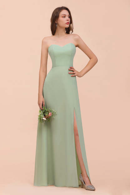 Affordable Strapless Front Slit Long Dusty Sage Bridesmaid Dress-Babyonlines