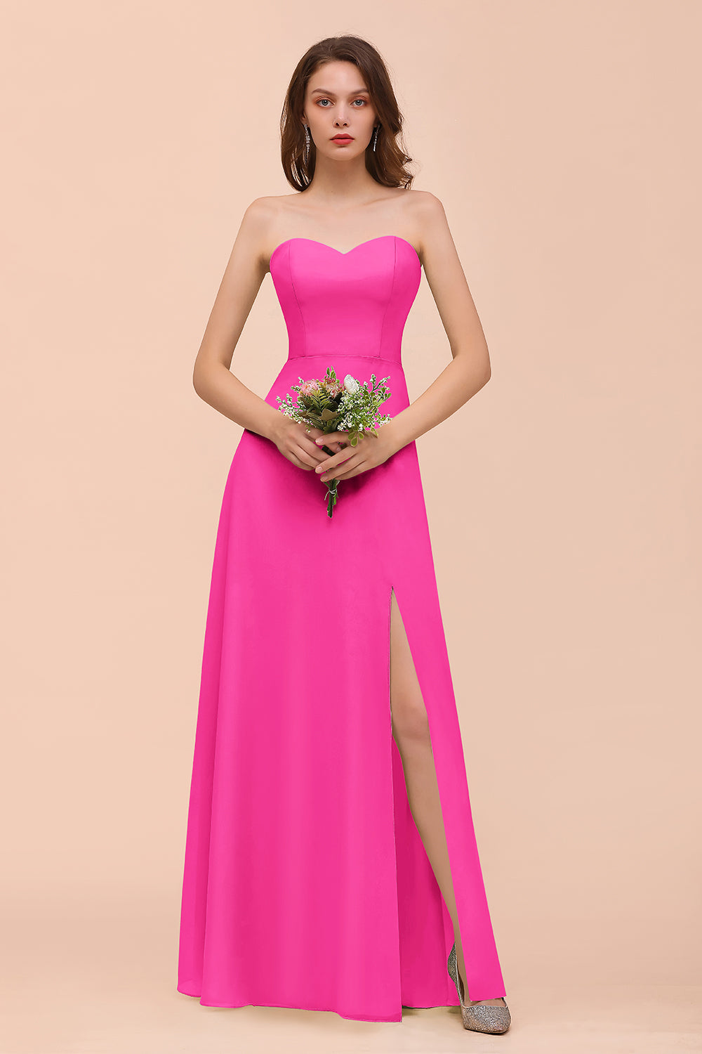 Affordable Strapless Front Slit Long Dusty Sage Bridesmaid Dress-Babyonlines