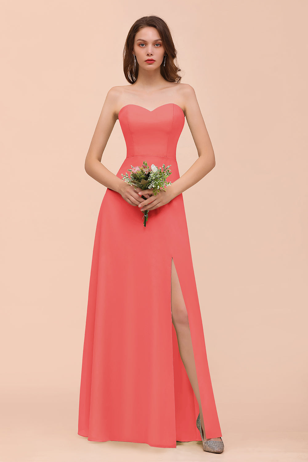 Affordable Strapless Front Slit Long Dusty Sage Bridesmaid Dress-Babyonlines