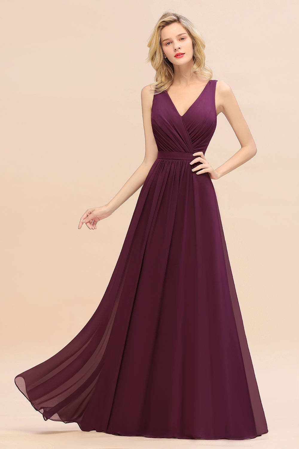 Affordable V-Neck Ruffle Long Grape Chiffon Bridesmaid Dress with Bow-Babyonlines
