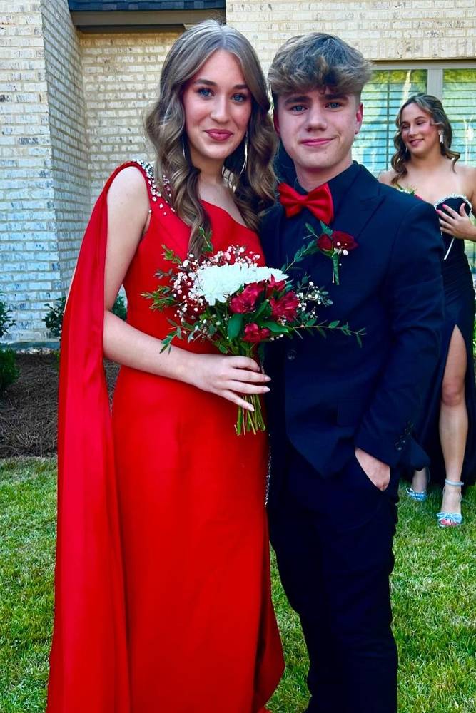 Asymmetrical One Shoulder Beaded Prom Dress with Cape