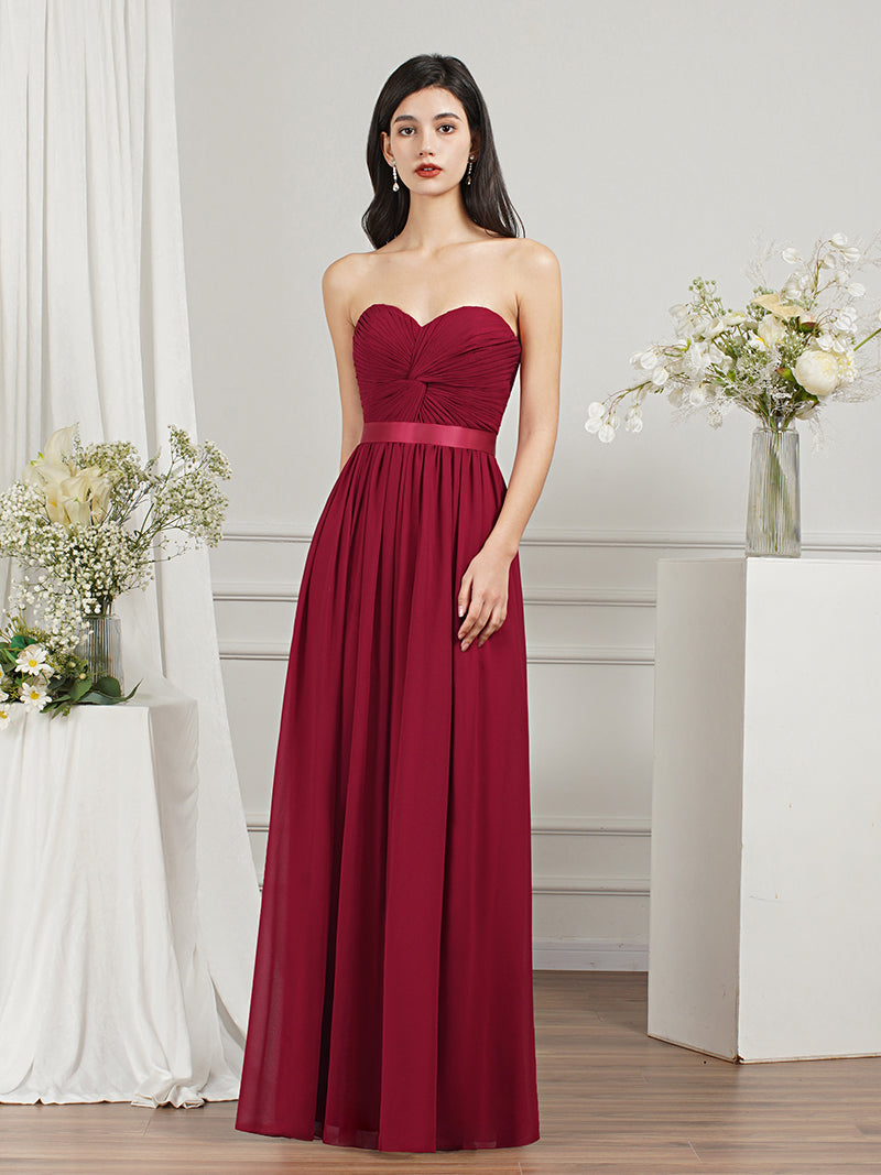 Chic Red Long A-line Sweetheart Strapless Chiffon Bridesmaid Dress