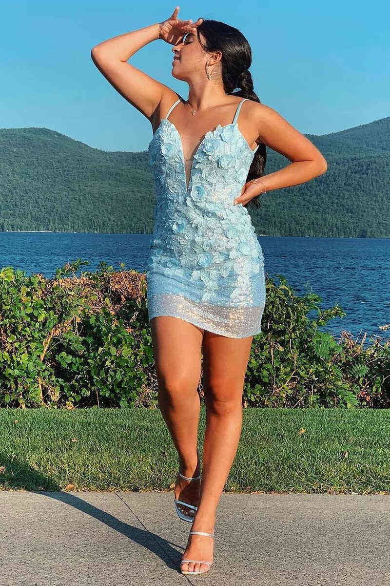 Backless Light Blue Flower Fitted Short Homecoming Dress