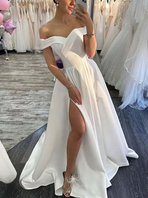 Ball Gown Off-the-shoulder Satin Sweep Train Wedding Dress With Split Front