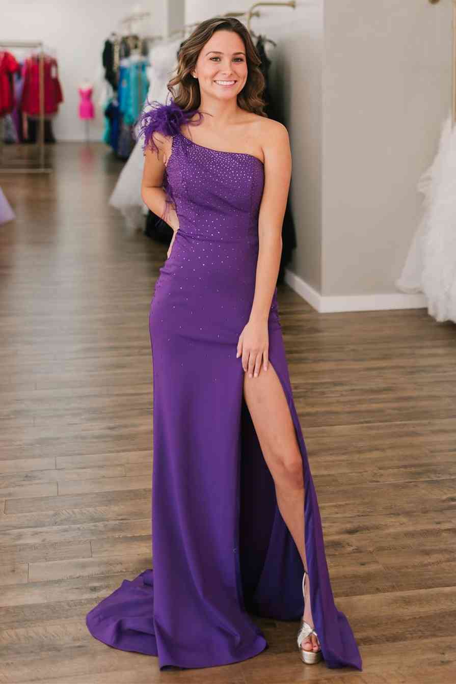 Beaded One-Shoulder Hot Pink Long Formal Dress with Feathers