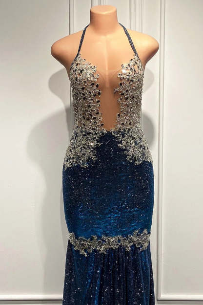 Blue Sequined Spaghetti-Straps Mermaid Long Prom Dress