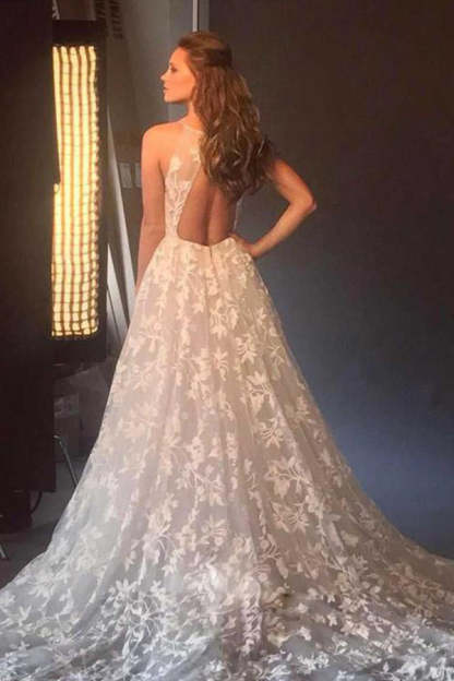 Boho Spaghetti Strap A-Line V-Neck Wedding Dress with Appliques
