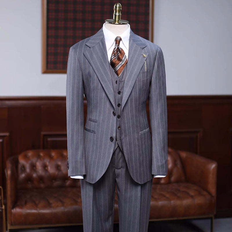 Brian Formal Gray Striped Notched Lapel Three Pieces Business Suits