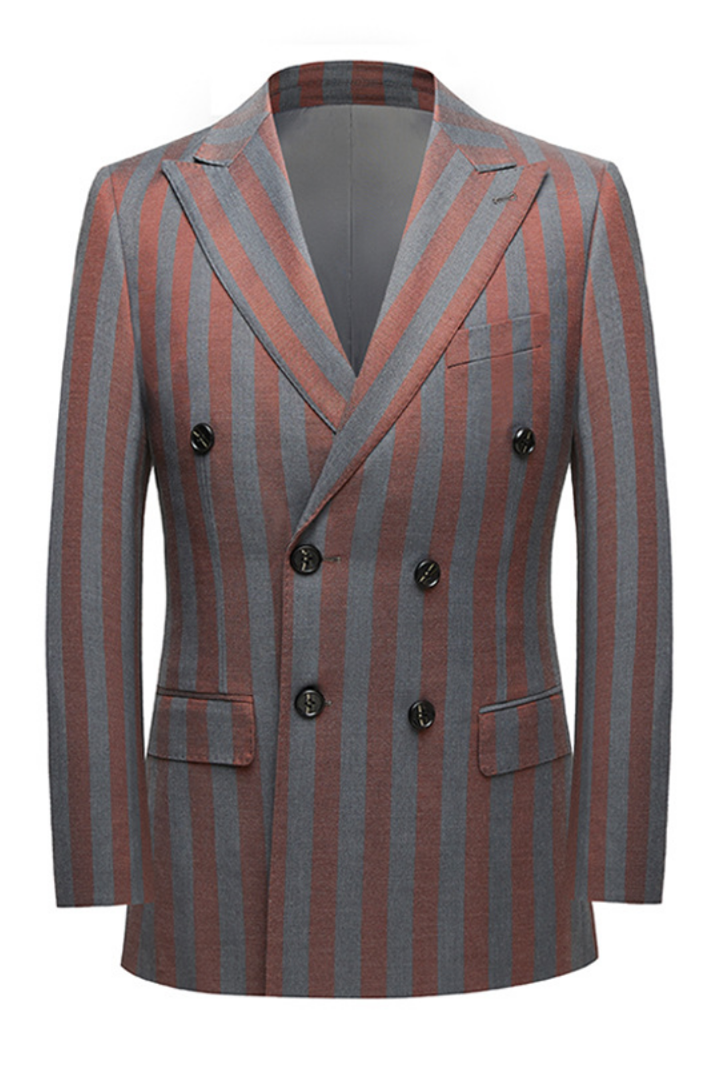 Casual Red and Gray Striped Summer Wedding Suit with Double-Breasted Style