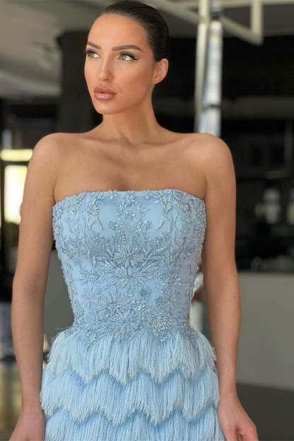 Charming Blue Evening Dress Off-the-Shoulder with Pleated Feather Beadings
