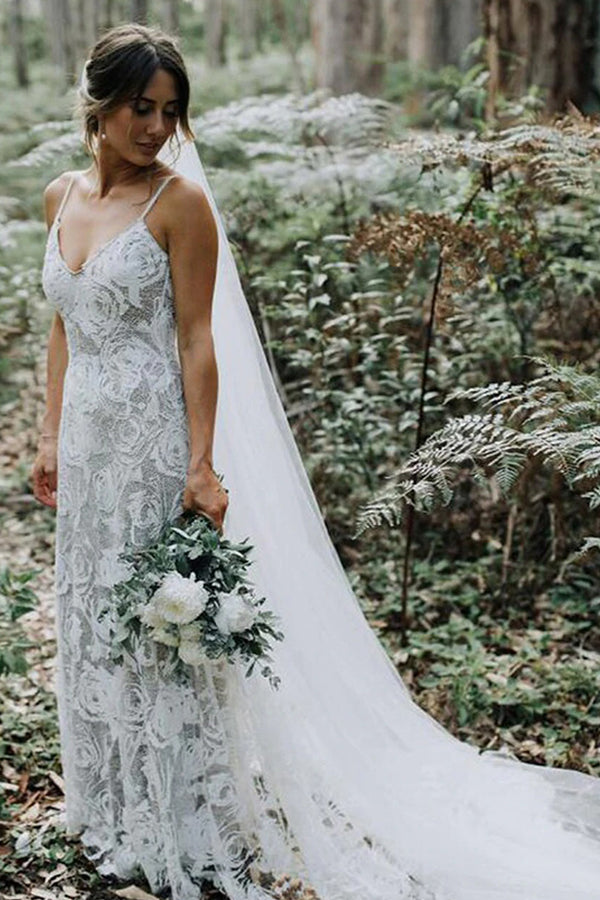 Charming Spaghetti Strap Backless A-Line Wedding Dress with Lace