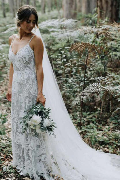 Charming Spaghetti Strap Backless A-Line Wedding Dress with Lace