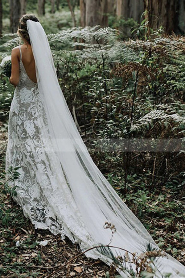 Charming Spaghetti Strap Backless A-Line Wedding Dress with Lace