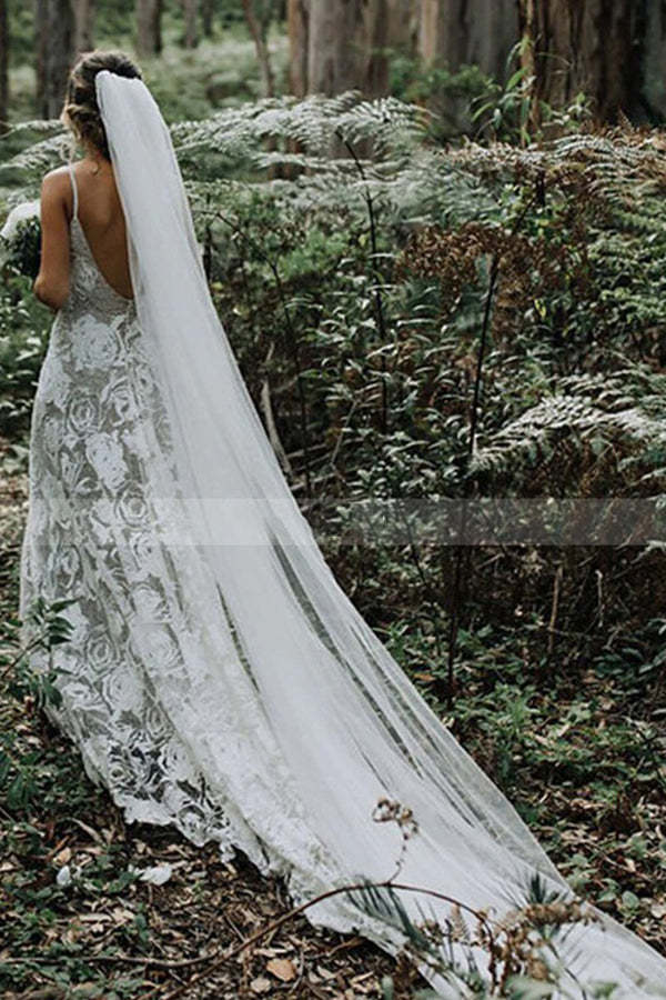 Charming Spaghetti Strap Backless A-Line Wedding Dress with Lace