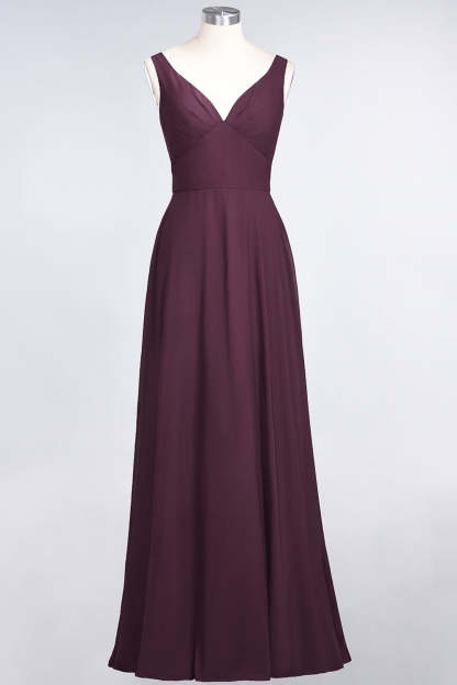 Chic Chiffon V-Neck Straps Ruffle Affordable Bridesmaid Dresses with Open Back-Babyonlines