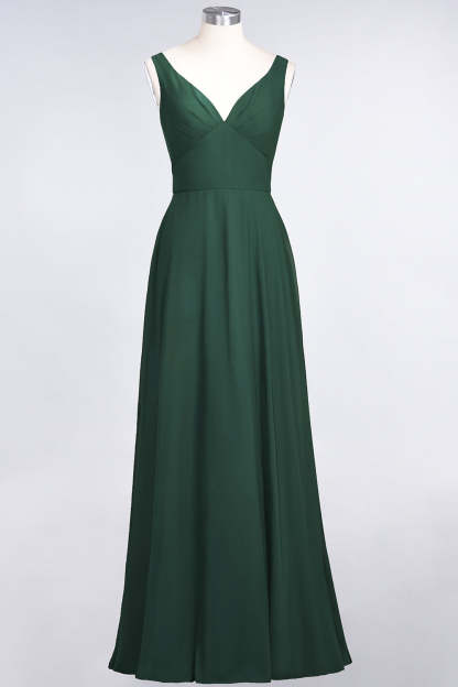 Chic Chiffon V-Neck Straps Ruffle Affordable Bridesmaid Dresses with Open Back-Babyonlines