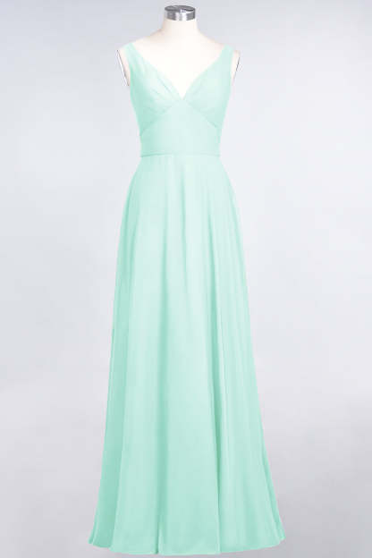 Chic Chiffon V-Neck Straps Ruffle Affordable Bridesmaid Dresses with Open Back-Babyonlines