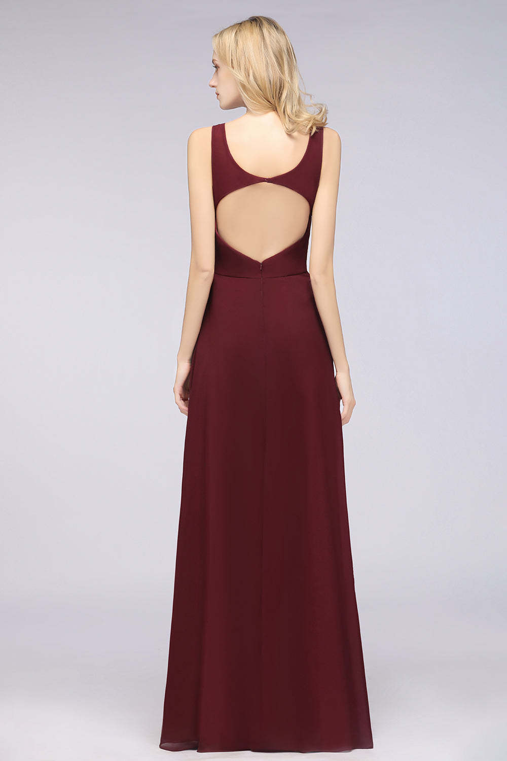 Chic Chiffon V-Neck Straps Ruffle Affordable Bridesmaid Dresses with Open Back-Babyonlines