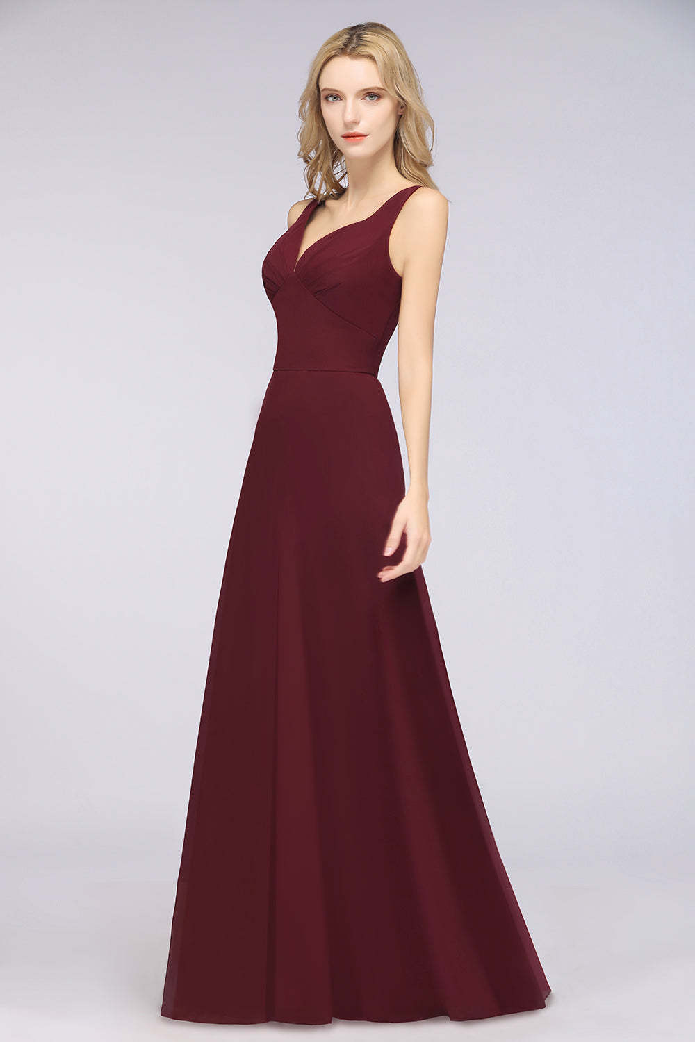 Chic Chiffon V-Neck Straps Ruffle Affordable Bridesmaid Dresses with Open Back-Babyonlines