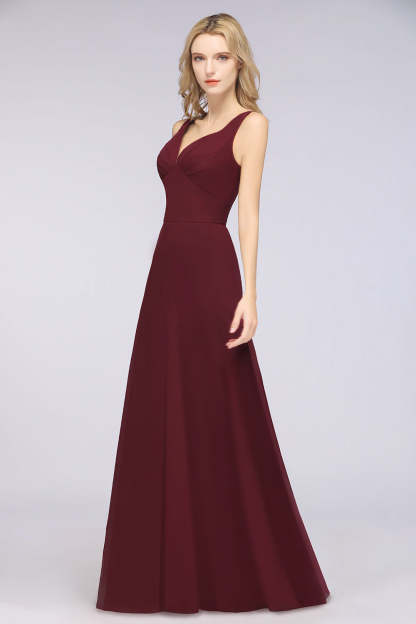 Chic Chiffon V-Neck Straps Ruffle Affordable Bridesmaid Dresses with Open Back-Babyonlines