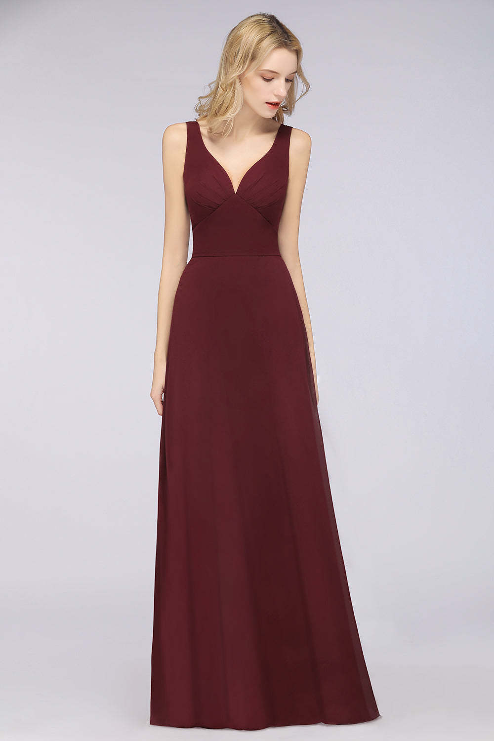 Chic Chiffon V-Neck Straps Ruffle Affordable Bridesmaid Dresses with Open Back-Babyonlines