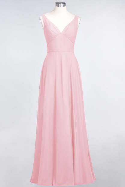 Chic Chiffon V-Neck Straps Ruffle Affordable Bridesmaid Dresses with Open Back-Babyonlines