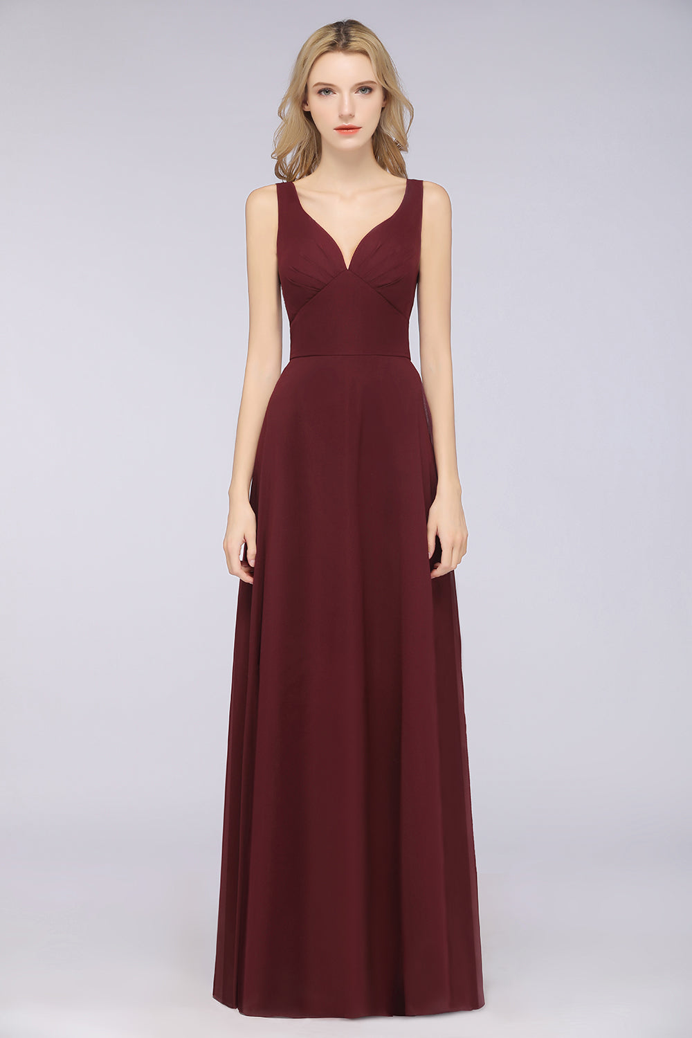 Chic Chiffon V-Neck Straps Ruffle Affordable Bridesmaid Dresses with Open Back-Babyonlines