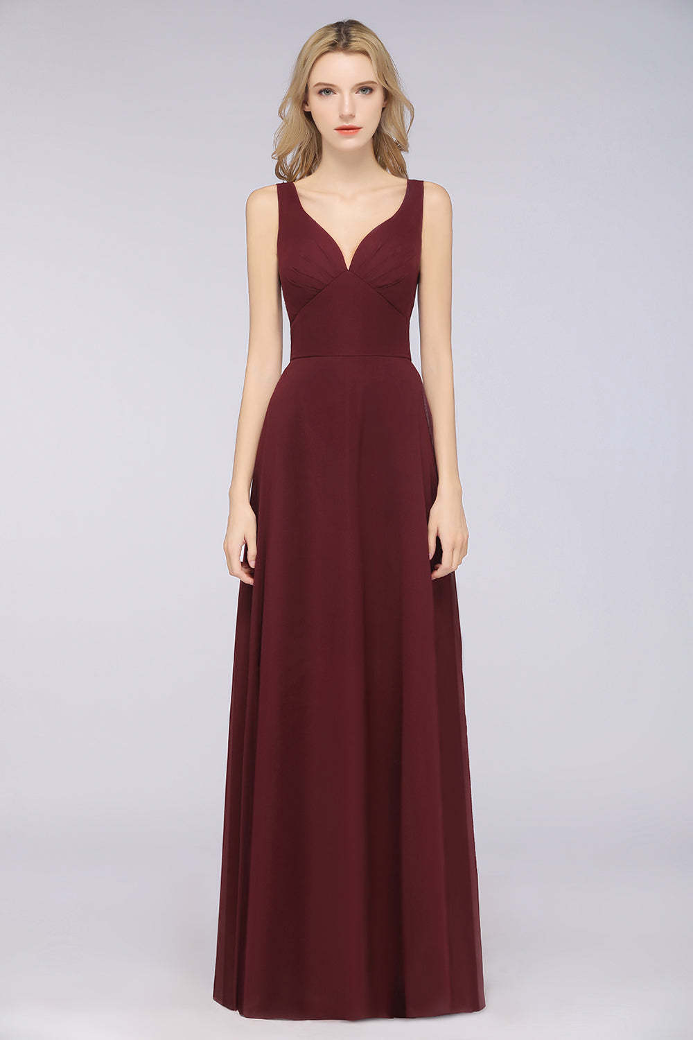 Chic Chiffon V-Neck Straps Ruffle Affordable Bridesmaid Dresses with Open Back-Babyonlines