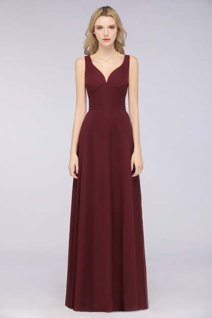 Chic Chiffon V-Neck Straps Ruffle Affordable Bridesmaid Dresses with Open Back-Babyonlines
