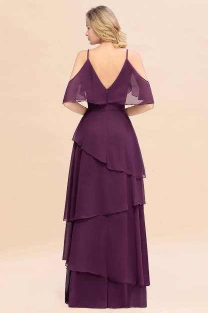 Chic Cold-Shoulder Layers Grape Chiffon Bridesmaid Dress Affordable-Babyonlines