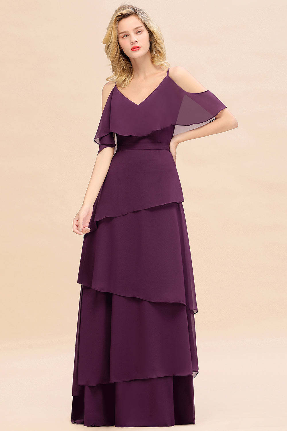Chic Cold-Shoulder Layers Grape Chiffon Bridesmaid Dress Affordable-Babyonlines