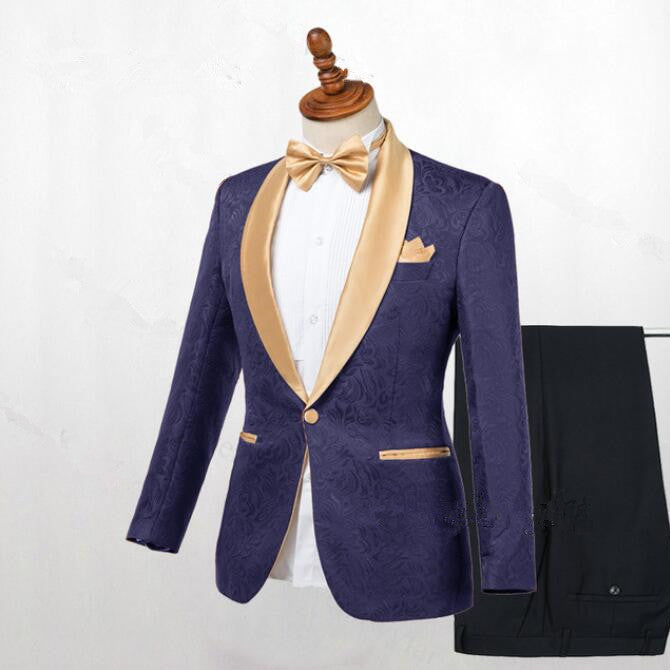 Chic Dark Blue Jacquard Shawl Lapel Wedding Suit for Men?��s Events