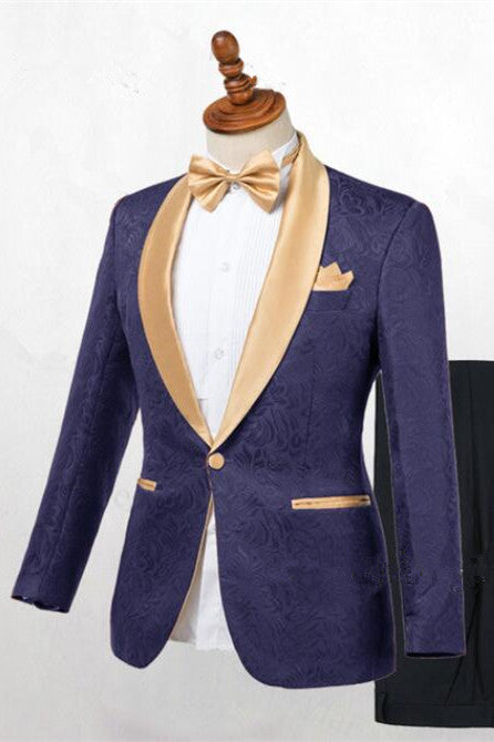 Chic Dark Blue Jacquard Shawl Lapel Wedding Suit for Men?��s Events